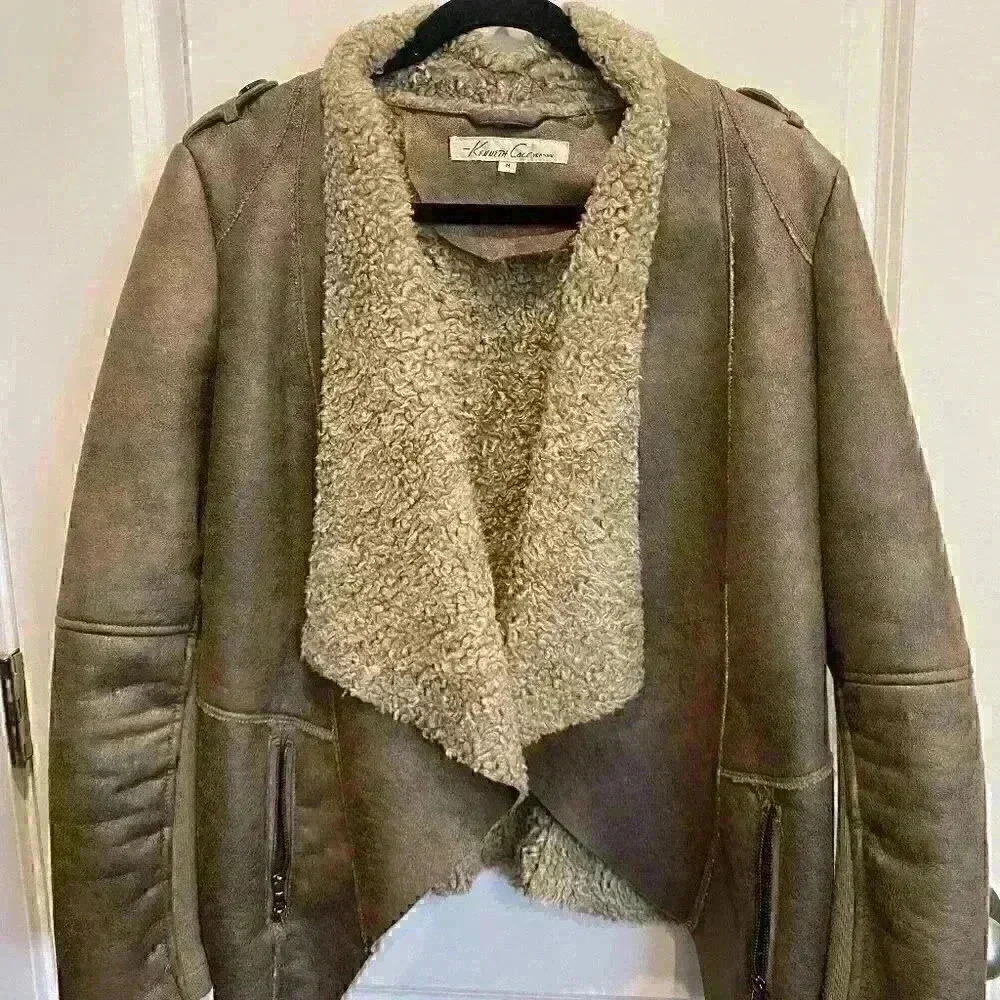 Kenneth Cole Women's Flyaway Coat Sherpa & Suede Moto Jacket with Faux Fur SZ M